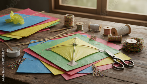 Traditional kite making materials on a rustic wooden table