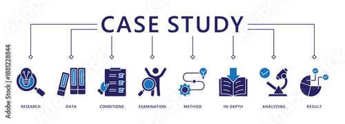Case study banner web icon vector illustration concept with icon of research, data, conditions, examination, method, in-depth, analyzing, and result