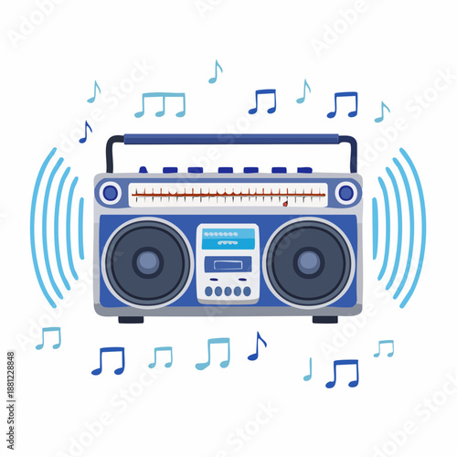 Flat illustration of a blue boombox with musical notes and sound waves on a white background.