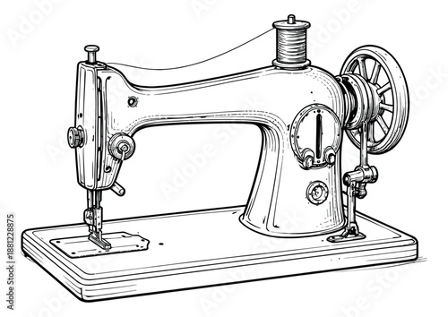 Hand drawn line art illustration of a sewing machine depicting an antique design for tailoring and crafting projects