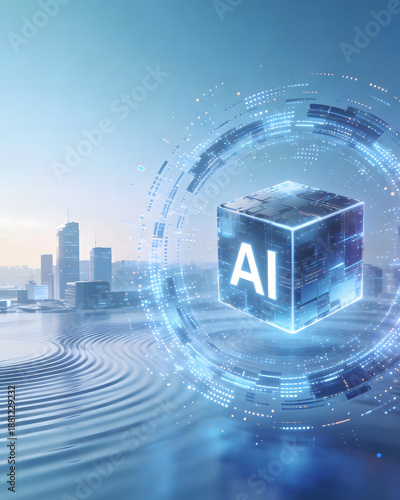 Futuristic AI Cube Over Digital Cityscape – Artificial Intelligence Technology Concept