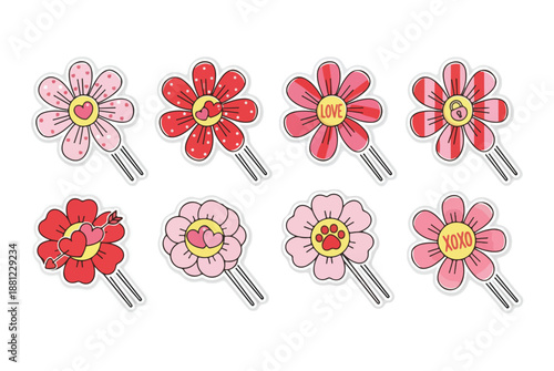 Cute Pink and Red Love Flower Hair Pin Icons Vector Illustration