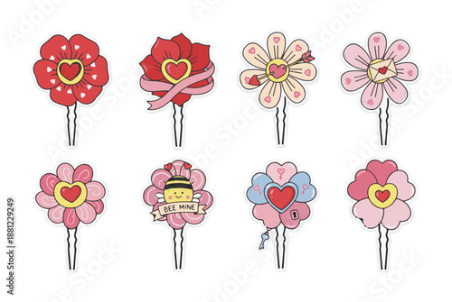Cute Valentine Flower Hair Pins with Heart Love Theme Vector Set
