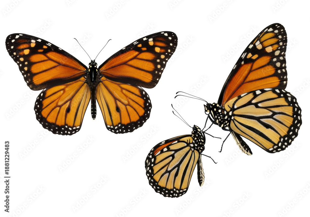 Naklejka premium three ultra-realistic monarch butterflies precisely posed, showing detailed wings and anatomy from multiple angles on a bright white commercial studio background with copy space. concept of
