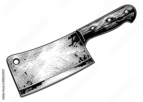 Hand drawn line art illustration of a meat cleaver depicting a sharp kitchen utensil for food preparation
