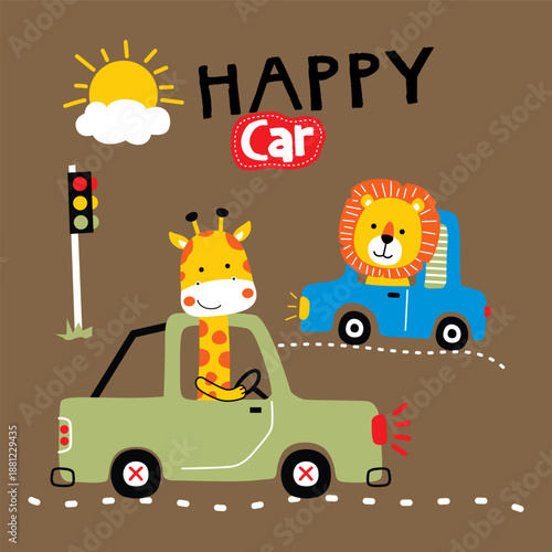 Cute animal characters driving small cars with traffic elements illustration. Kids traffic learning concept
