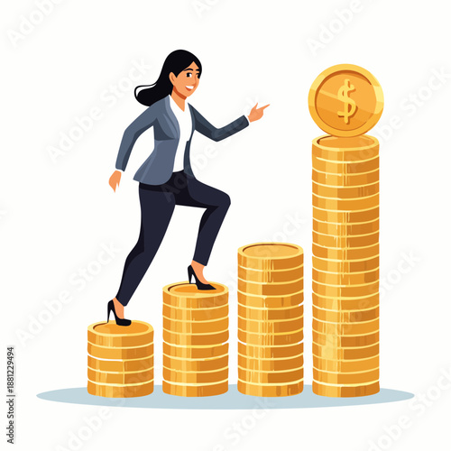 A businesswoman steps up a stack of gold coins to reach a dollar coin on top, symbolizing financial growth and success.