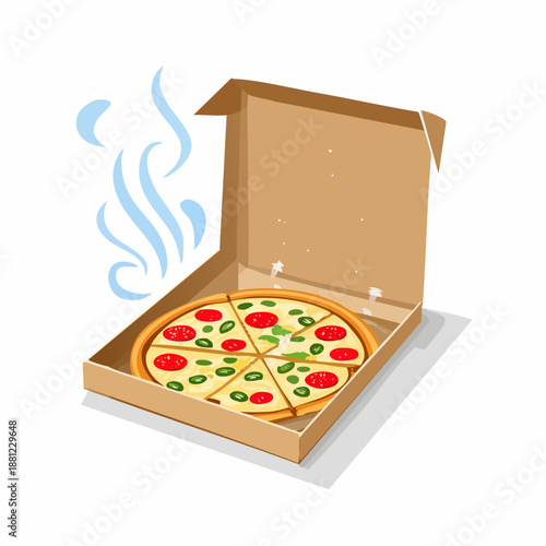 An open cardboard pizza box with a hot, sliced pepperoni pizza inside on a plain white background.