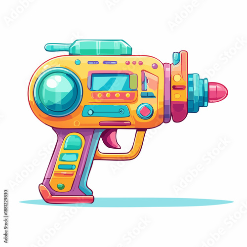 Colorful illustration of a futuristic toy blaster with a predominantly orange and teal color scheme against a plain white background.