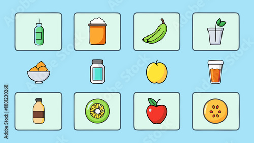 Nutrition Dashboard Flat Icons. Flat minimalist nutrition icon pack with 12 healthy food and drink symbols, UI dashboard ready, clean vector style for wellness apps and digital health platforms.
