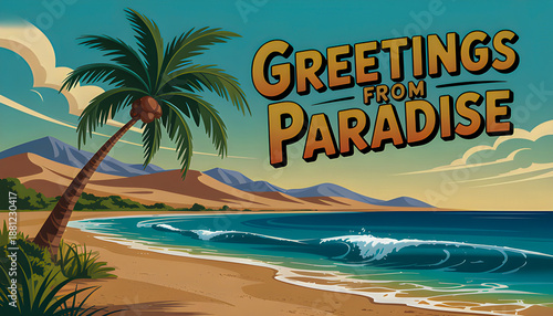 A leaning palm tree stands on golden sand beside turquoise waves and green bushes with mountains in the distance under a blue sky creating a peaceful tropical paradise