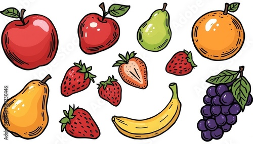  Orchard's Bounty: An array of vibrant fruits, including apples, pears, strawberries, grapes, an orange, and a banana. Each element.