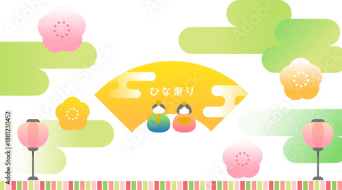 桃の節句のPOP素材　ぼんぼりとおひなさまのレトロなフラットイラスト
