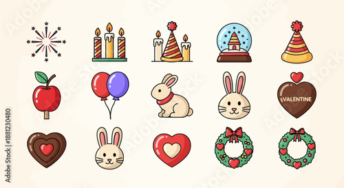 Set of colorful cartoon icons for celebrations holiday and events