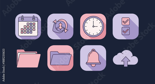 Set of colorful icons representing time management and data concepts