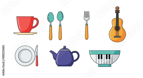 Set of colorful kitchenware and musical instrument on a white background