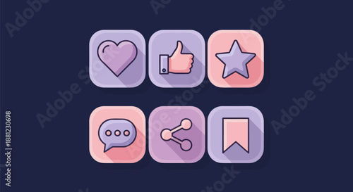 Set of colorful social media icons with long shadow on dark background