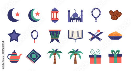 Islamic symbols and icons set in flat design isolated on white