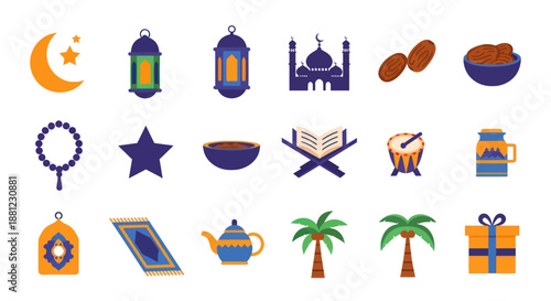Islamic symbols and objects vector illustrations for design and celebration
