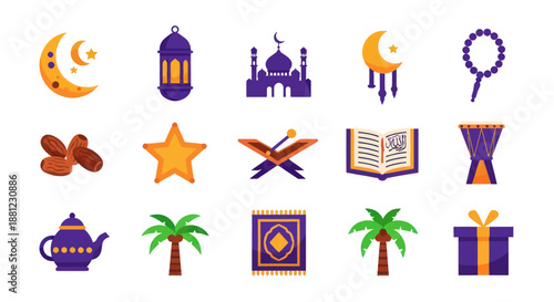 Islamic symbols set mosque crescent lanterns stars dates and prayer beads