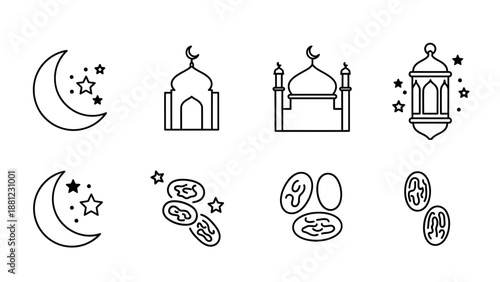 Islamic icons featuring mosques, crescent moons, lanterns, and dates, symbolizing Ramadan, faith, and spirituality in simple line art illustrations
