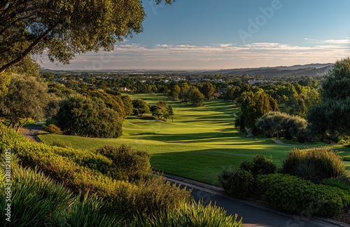 Panoramic park Sunrise with Rolling Greens,Ideal for golf resort promotions, luxury lifestyle visuals, travel content, or outdoor recreation campaigns.