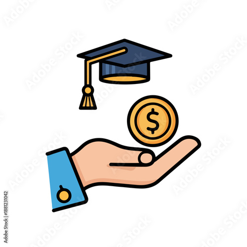 A hand in a blue shirt holding a dollar coin with a graduation cap above, symbolizing personal finance concept and education. Perfect for finance, education, and career planning materials.