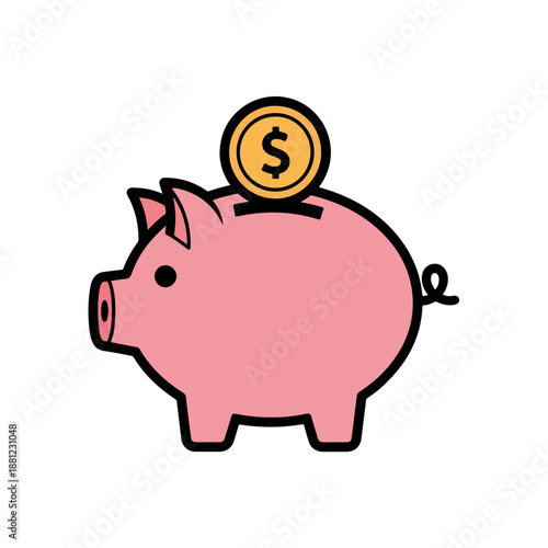 A cartoon pink piggy bank with a coin on top, symbolizing personal finance concept. Perfect for presentations, educational materials, infographics.