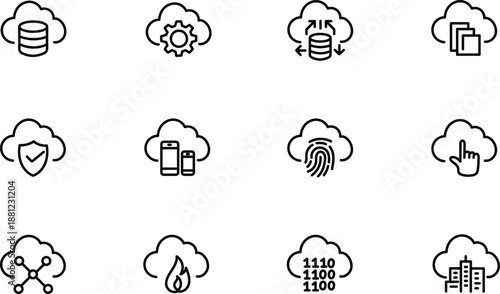 Hand drawn cloud computing and cybersecurity line icons set for digital infrastructure