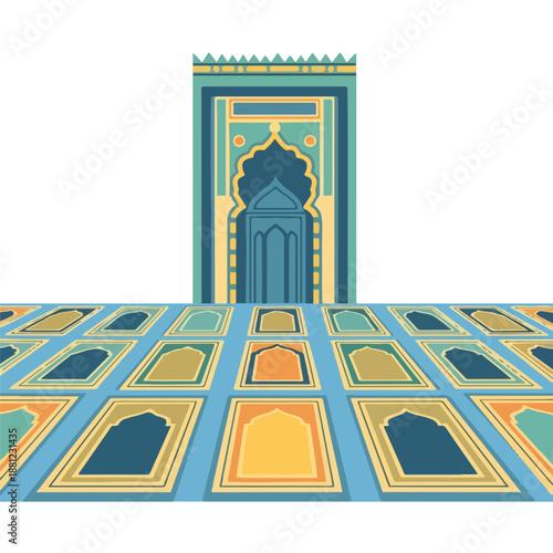 An artistic rendering of a sacred Islamic prayer space, showcasing an elaborate mihrab and numerous patterned prayer mats laid out, representing faith and community