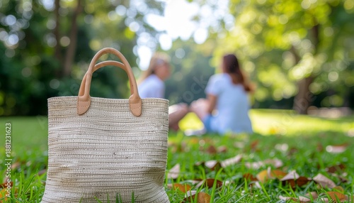 Woven straw tote bag on grass with blurred women in background outdoors
