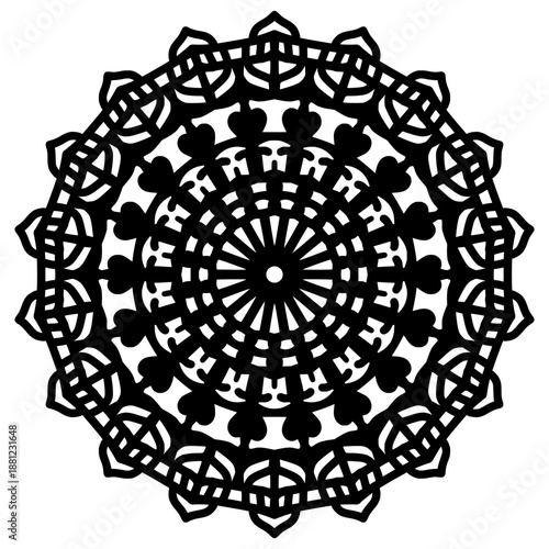Hand drawn mandala with sunburst and stylized leaf patterns