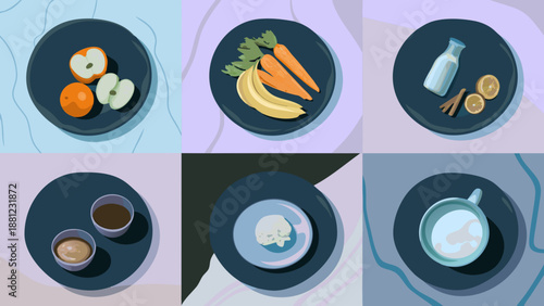 Wholesome Food Flat Vector Icons. Minimal vector icon set of 6 wholesome foods and drinks in a neutral color palette, stock illustration style ideal for clean eating and wellness branding.