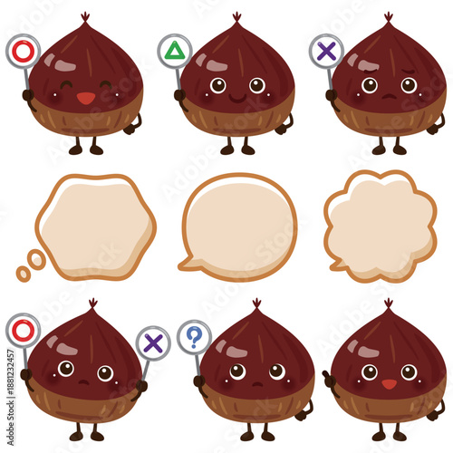 ○×△の札を持った栗のキャラクターイラスト／Cute Chestnut Character Illustration Holding O, X, and Triangle Signs