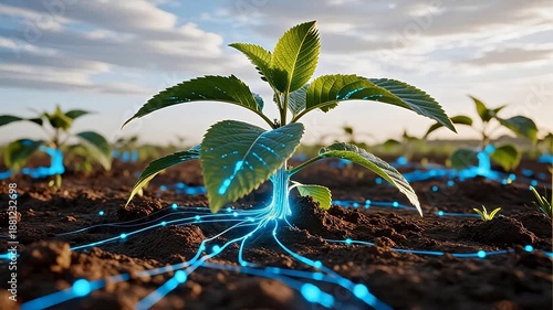 Plant with glowing roots in soil
