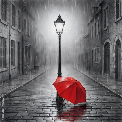 Dramatic black and white street scene heavy rainfall illuminating antique lamppost with red umbrella