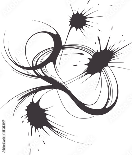 Dark grey ink splatters and swirling lines splash paint