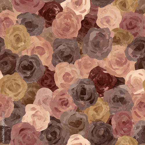 a seamless pattern of roses in various shades, with each rose rendered in soft watercolor strokes and a vintage color palette.