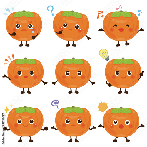 柿のキャラクターイラスト　表情セット／Cute Persimmon Character Illustration – Expression Set