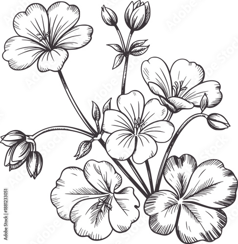 Cuadro en lienzo Detailed botanical of blooming geranium flowers and buds