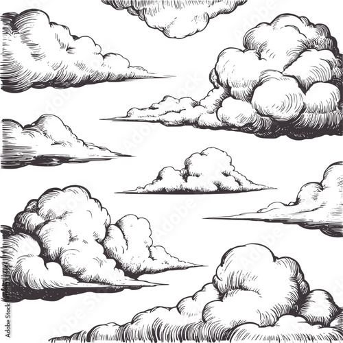 Detailed monochromatic of various cumulus clouds in a sky vintage atmospheric
