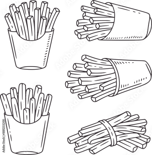 Hand drawn french fries in paper containers and bundled food snack fast