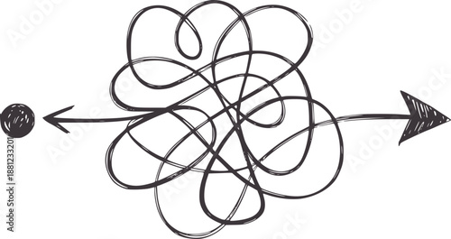 Hand drawn of a chaotic scribble path with arrows indicating direction chaos