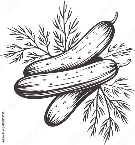 Hand drawn of three cucumbers with dill sprigs vegetable food green