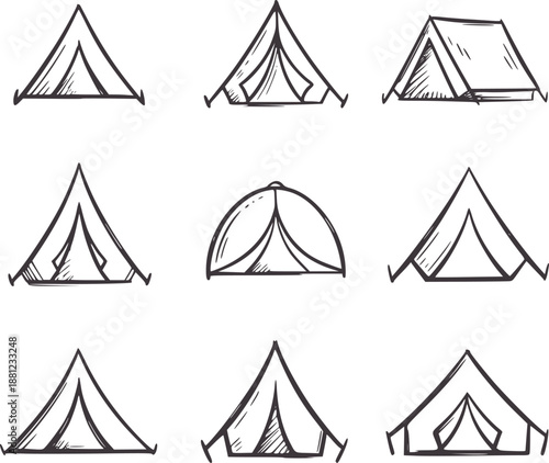 Hand drawn of various camping tents in dark grey ink shelter outdoor travel