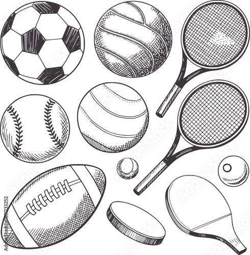 Hand drawn of various sports balls and equipment soccer volleyball baseball football