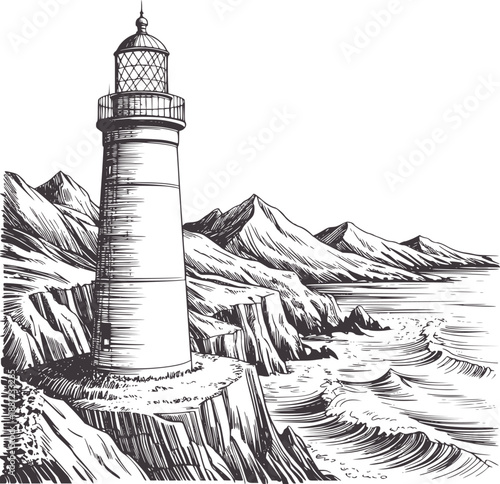 Pen ink of a tall lighthouse a rocky cliff overlooking the sea monochrome black