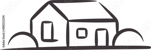 Simple of a house with two windows and surrounding bushes building home architecture