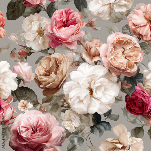 a seamless pattern of vintage roses in soft pastel colors, arranged in an elegant and cascading design on a grey background, with intricate details and delicate shading for realistic textures