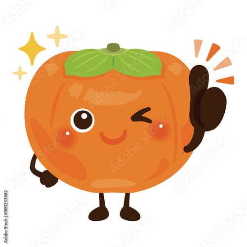 グッドサインを出す柿のキャラクターイラスト／Cute Persimmon Character Illustration Giving a Thumbs-Up